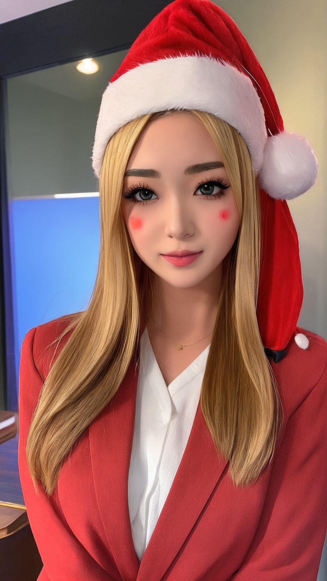 masterpiece,  best quality,  1girl,  solo,  gakuran,  christmas hat, christmas suit, long hair,  Naruto uzumaki,  long blonde hair,  spiked hair , n4rut0, facial mark,  forehead protector,  konohagakure symbol,izumi ran,transgirl