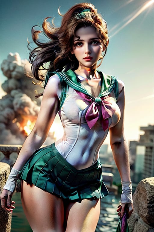  thin mature very tall Woman.
Long Oval face. Windy
Wide shoulders
Intense fire, dramatic light
Frank Frazetta styled background.
hourglass body shape
action pose
,smjupiter
sailor jupiter outfit with green colors