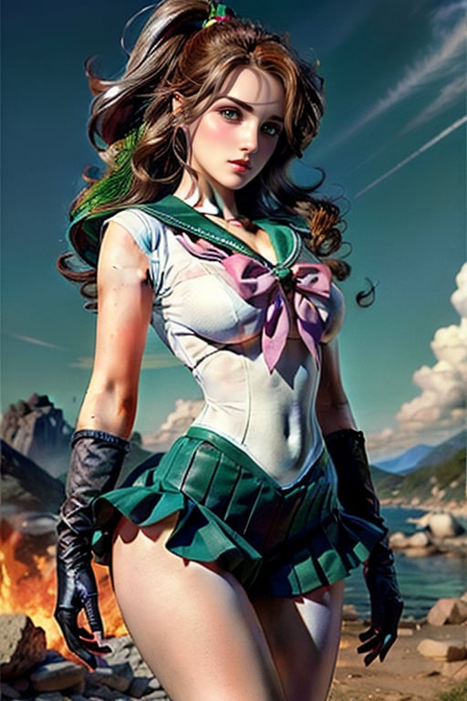  thin mature very tall Woman.
Long Oval face. Windy
Wide shoulders
Intense fire, dramatic light
Frank Frazetta styled background.
hourglass body shape
action pose
,smjupiter
sailor jupiter outfit with green colors