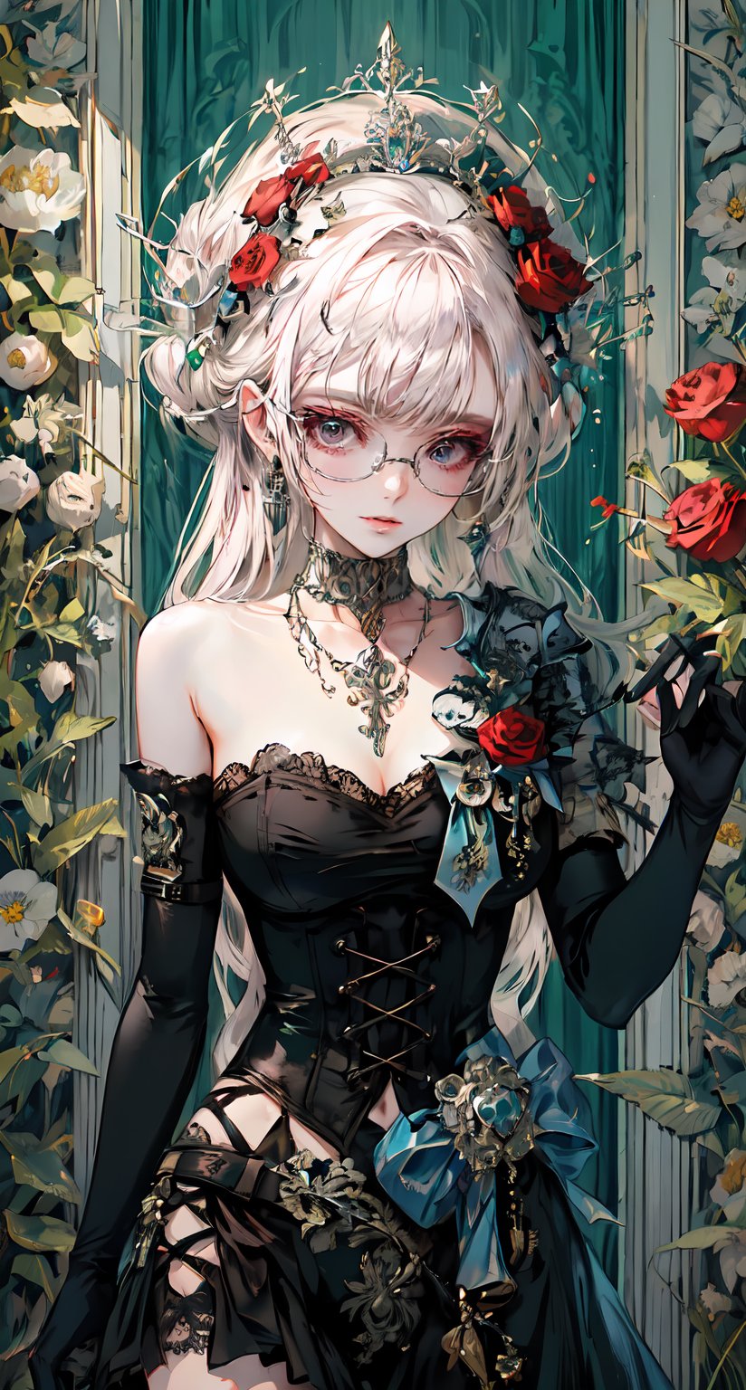 Imagine this. Upscaled. (Masterpiece, best quality, high resolution, highly detailed), score_9,score_8_up,score_7_up, 1girl, solo, long black gloves, glasses, (((white hair))), catholic, emo, tears, elbow gloves, embarrassed, long gloves, hearts, long hair, solo, 2.5D, clean artwork, detailed illustration, colorful, 1girl, 22 years old, long hair, straight hair, cute, round trim glasses, nose blush, slim eyes, pretty, seductive, attractive, alluring, mouth closed, beautiful nerdy, flirty, feminine, soft make up, vibrant, adorable, eyelashes, slender, high quality, masterpiece, solo focus, realistic, round chin, narrow face, big lips, (masterpiece, best quality, ultra-detailed), (perfect hands, perfect anatomy), Highly detailed, High Quality, Masterpiece, beautiful, (((red roses))), High detailed, detailed eyes, huge body, enamel latex elbow gloves, latex clothes, latex thighhighboots,cleavage, latex elbow gloves, big_dominant, serious, stern, latex corset. High resolution, extremely detailed, atmospheric scene, masterpiece, best quality, 64k, high quality, (HDR), HQ , very detailed, beautiful and aesthetic, heavy makeup, earrings, (masterpiece, best quality, high resolution, ultra detail), ((skindentation)), bare shoulders, soft skin, perfectly explained gloved hands, perfectly explained arms, Indoors detailed background, perfect lighting. (Hands:1.1), better_hands, best quality, high resolution. Upscaled synthography. Far view shot, smiling, Sexy mistress watching to the camera. FETISH: smile, smirk, looking at the viewer, sexy pose, lascivious, flirty face, blushing, lust, choker, cross necklace, shiny clothes, long enamel gloves, long leather gloves, heavy duty rubber gloves, leather corset, leather body harness, latex bodysuit, lingerie garter belt, thigh high boots, platform heels, breastfeeding chest, gigantic breasts, huge breasts Detailed dungeon environment, rocks and stones, ornate walls. (Beautiful and aesthetic:1.3), extreme detailed, colorful, highest detailed,((ultra-detailed)), (highly detailed illustration), ((an extremely delicate and beautiful)),cinematic light, shining on ground, 