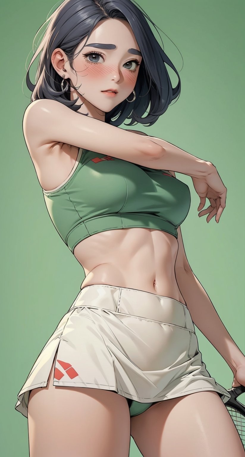 1girl, standing, thigh up body, ((looking at viewer, tennis girl outfit, midriff,)) center opening, 2D artstyle, outline, earings, blush, green background, hairstyle, ultra detailed, best quality, sharp focus, ,DiaSondef