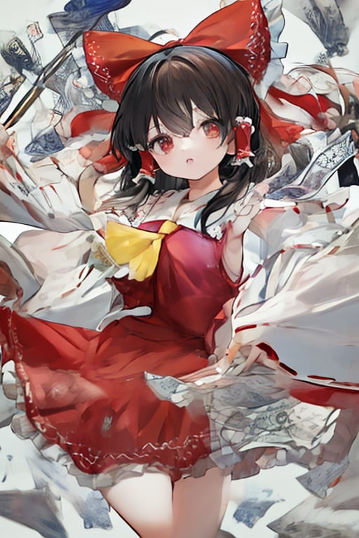 masterpiece,white_background,cowboy_shot,hakurei reimu,miko,holding money,DETACHED SLEEVES,best quality,