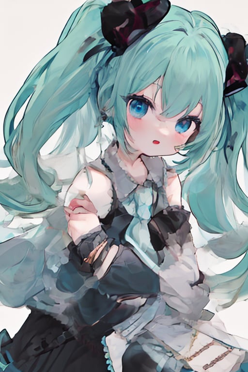 1girl,white_background,cowboy_shot,MIKU HATSUNE,Blue-green hair