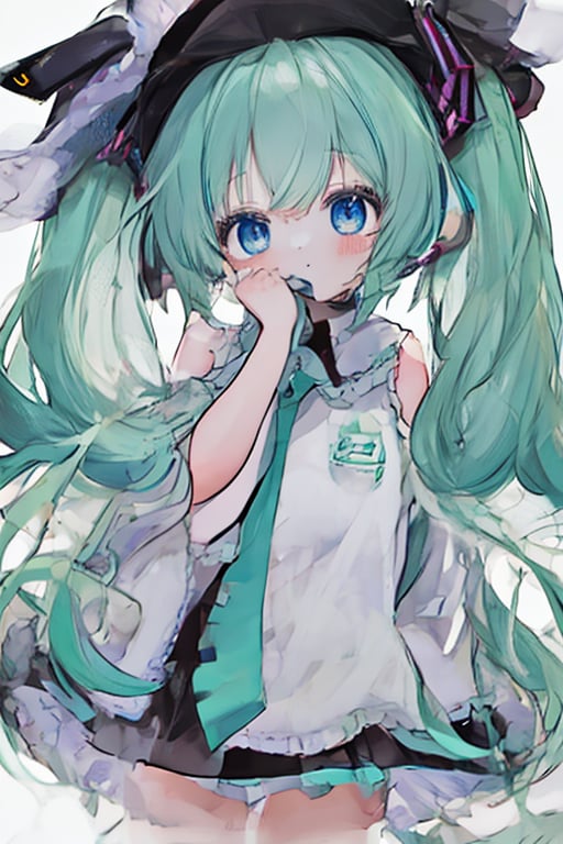 1girl,white_background,cowboy_shot,MIKU HATSUNE,Blue-green hair