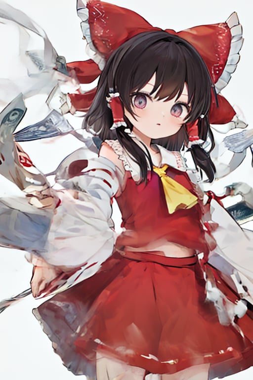 masterpiece,white_background,cowboy_shot,hakurei reimu,miko,holding money,DETACHED SLEEVES,best quality,