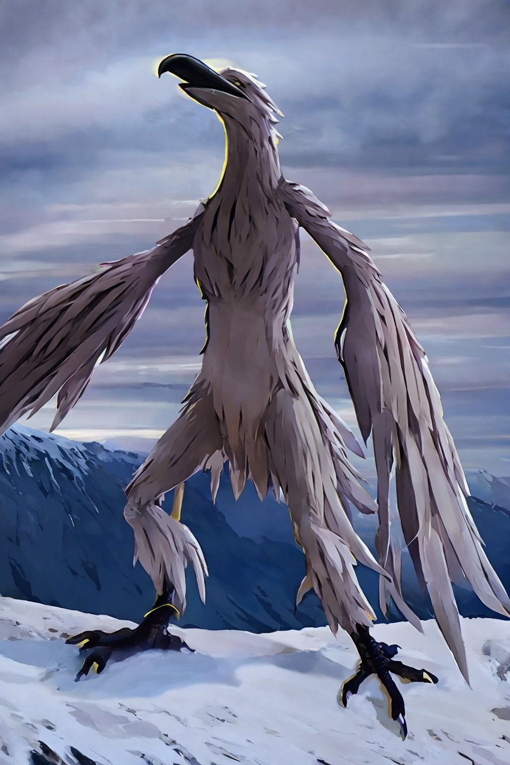 Opium bird, standing, feathers, white feathers, bird, birdman, humanoid, bird head, with extremely long beak, long beak, long mouth, full body, bird legs, bird arms, sinister, terrifying, beautiful , ragged, wide body, fat

High quality, HD, 4kHD, cinematic, atmospheric, realistic, ultra-realistic
snow, mountain, cloudy, gray sky, dark clouds
Detail,lora:largebulg1-000012:1,AIDA_NH_humans,Pixel art