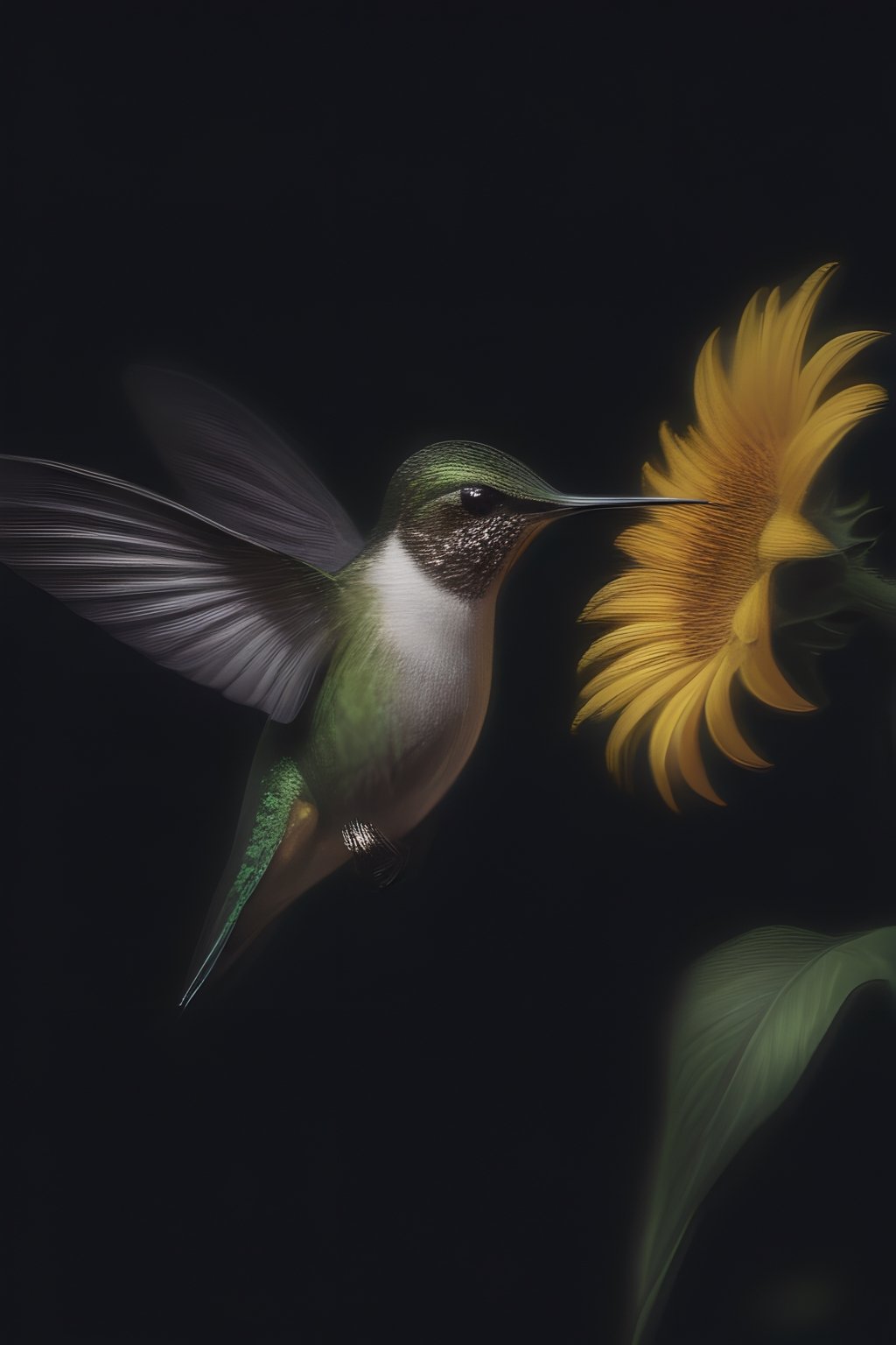 Create an elegant and captivating portrait of a wonderful hummingbird sniffing a sunflower. Use vibrant light and shadow to highlight complex details and jagged edges. Let the dark black and gold textured background accentuate the painting, combining modern styles with neon green and yellow paints, give a touch of pen painting, watercolor and oil techniques. Embrace negative space with captivating brushstrokes and stencil art, evoking beauty and allure.,Digital painting ,ColorART,pencil sketch,<lora:659095807385103906:1.0>