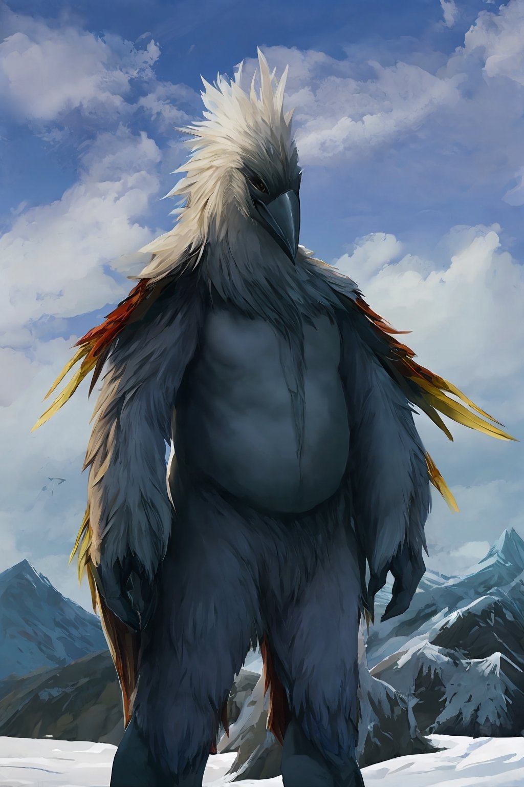 Opium bird, standing, feathers, white feathers, bird, birdman, humanoid, bird head, with extremely long beak, long beak, long mouth, full body, bird legs, bird arms, sinister, terrifying, beautiful , ragged, wide body, fat

High quality, HD, 4kHD, cinematic, atmospheric, realistic, ultra-realistic
snow, mountain, cloudy, gray sky, dark clouds
Detail,lora:largebulg1-000012:1,AIDA_NH_humans,Pixel art,lora:largebulg1-000012:1,lora:largebulg1-000012:1