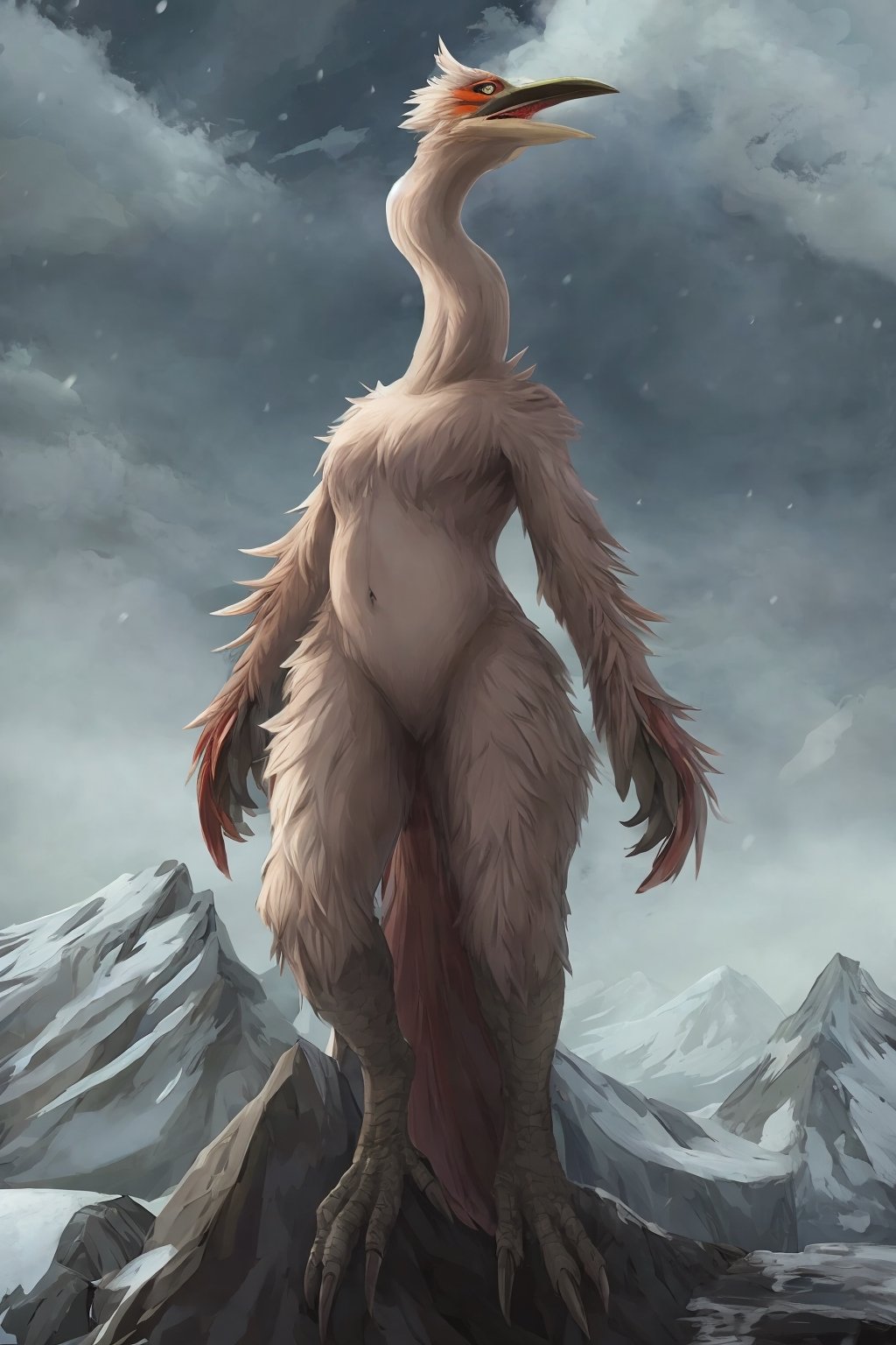 Opium bird, standing, feathers, white feathers, bird, birdman, humanoid, bird head, with extremely long beak, long beak, long mouth, full body, bird legs, bird arms, sinister, terrifying, beautiful , ragged, wide body, fat

High quality, HD, 4kHD, cinematic, atmospheric, realistic, ultra-realistic
snow, mountain, cloudy, gray sky, dark clouds
Detail,lora:largebulg1-000012:1,AIDA_NH_humans,Pixel art,lora:largebulg1-000012:1,lora:largebulg1-000012:1