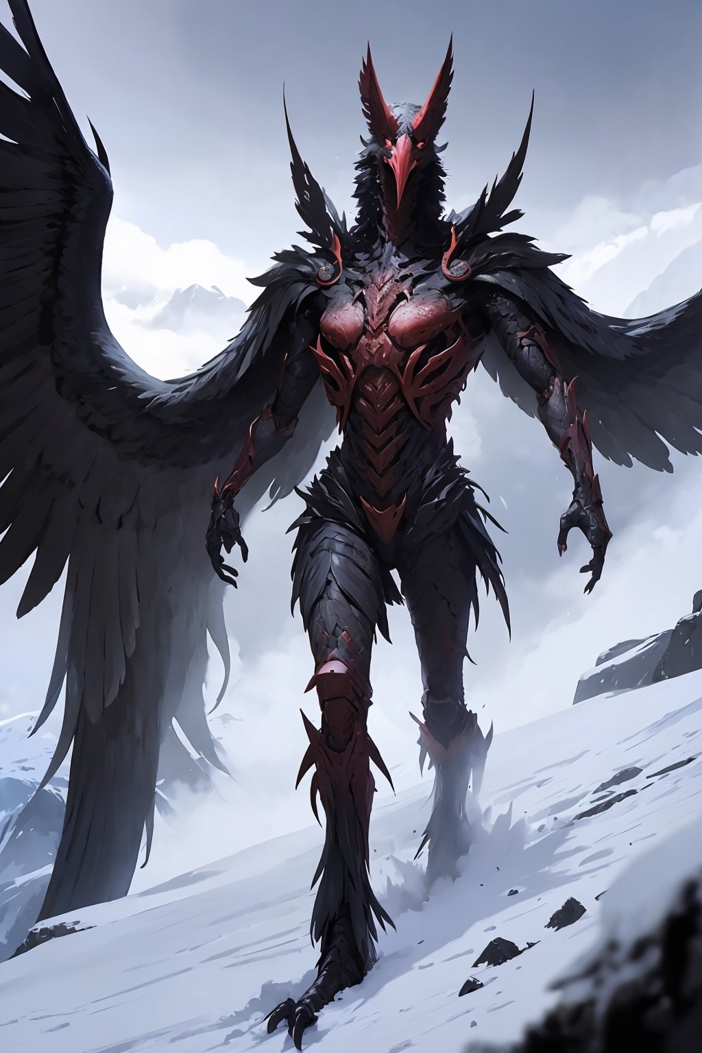 Opium bird, standing, feathers, white feathers, bird, birdman, humanoid, bird head, with extremely long beak, long beak, long mouth, full body, bird legs, bird arms, sinister, terrifying, beautiful , ragged, wide body, fat

High quality, HD, 4kHD, cinematic, atmospheric, realistic, ultra-realistic
snow, mountain, cloudy, gray sky, dark clouds
Detail,lora:largebulg1-000012:1,AIDA_NH_humans