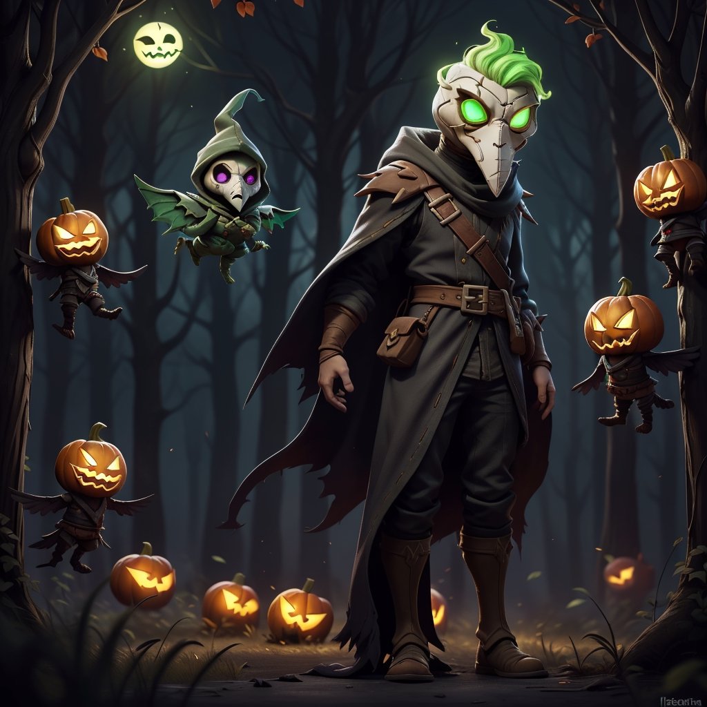 "death prophet" from Dota2 surrounded by her ghosts, glowing green eyes, full body shot, cinematic lighting, gloomy mood, horror,plague doctor,horror,Jack o 'Lantern, jack-o'-lantern monster, little elves with jack-o'-lantern heads, clash of clash, heterochromia,EpicArt,AGE REGRESSION