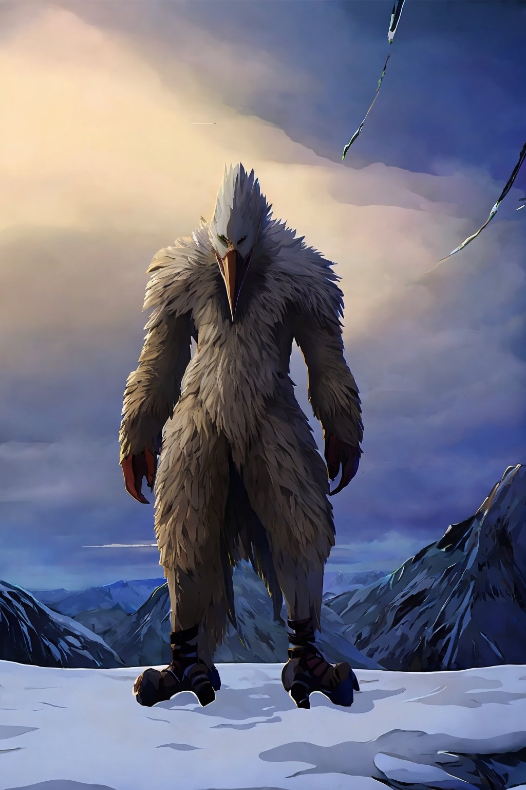 Opium bird, standing, feathers, white feathers, bird, birdman, humanoid, bird head, with extremely long beak, long beak, long mouth, full body, bird legs, bird arms, sinister, terrifying, beautiful , ragged, wide body, fat

High quality, HD, 4kHD, cinematic, atmospheric, realistic, ultra-realistic
snow, mountain, cloudy, gray sky, dark clouds
Detail,lora:largebulg1-000012:1,AIDA_NH_humans,Pixel art,lora:largebulg1-000012:1