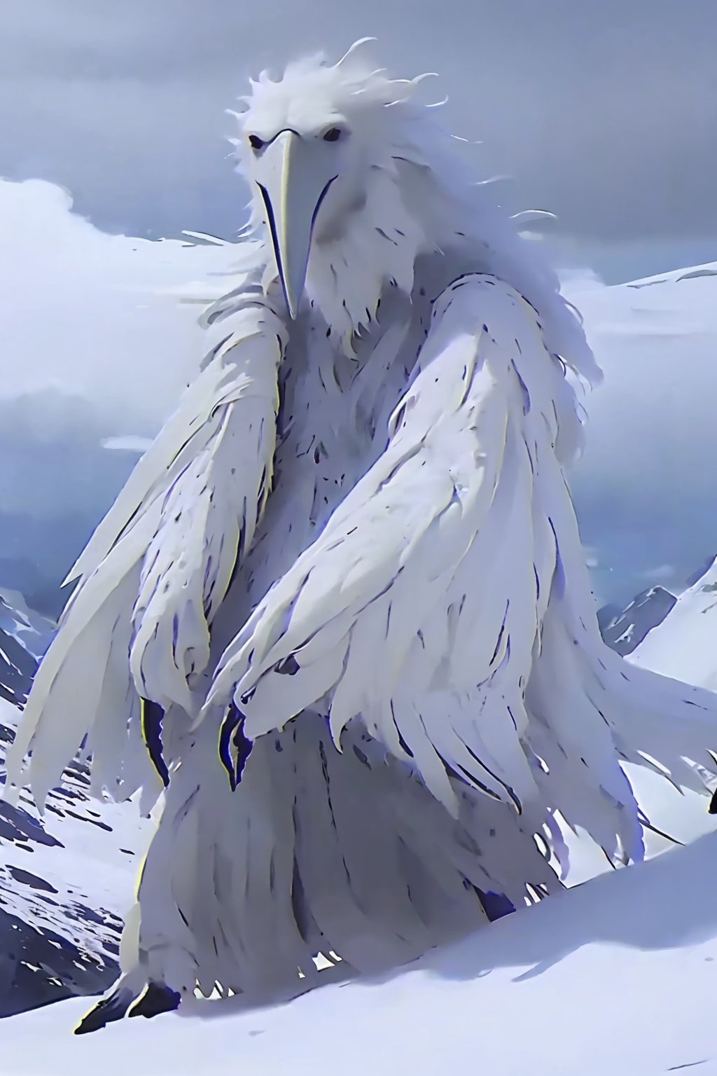 Opium bird, standing, feathers, white feathers, bird, birdman, humanoid, bird head, with extremely long beak, long beak, long mouth, full body, bird legs, bird arms, sinister, terrifying, beautiful , ragged, wide body, fat

High quality, HD, 4kHD, cinematic, atmospheric, realistic, ultra-realistic
snow, mountain, cloudy, gray sky, dark clouds
Detail,lora:largebulg1-000012:1,AIDA_NH_humans