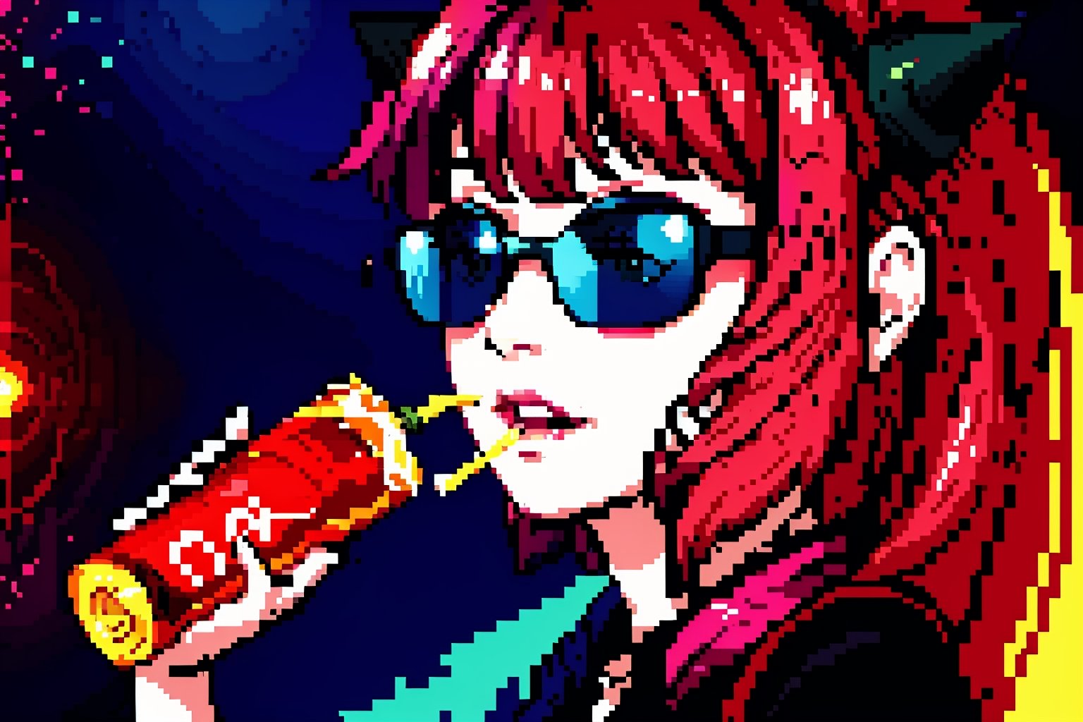 Unicorn with sunglasses drinking coke, COCA-COLA, drink, drinking coke, realistic, photorealistic, cinematic, Magical Fantasy style, Magical Fantasy style, neon photography style,3DMM,perfect,hand,Pixel art,Pixel world,anya,High detailed , party background