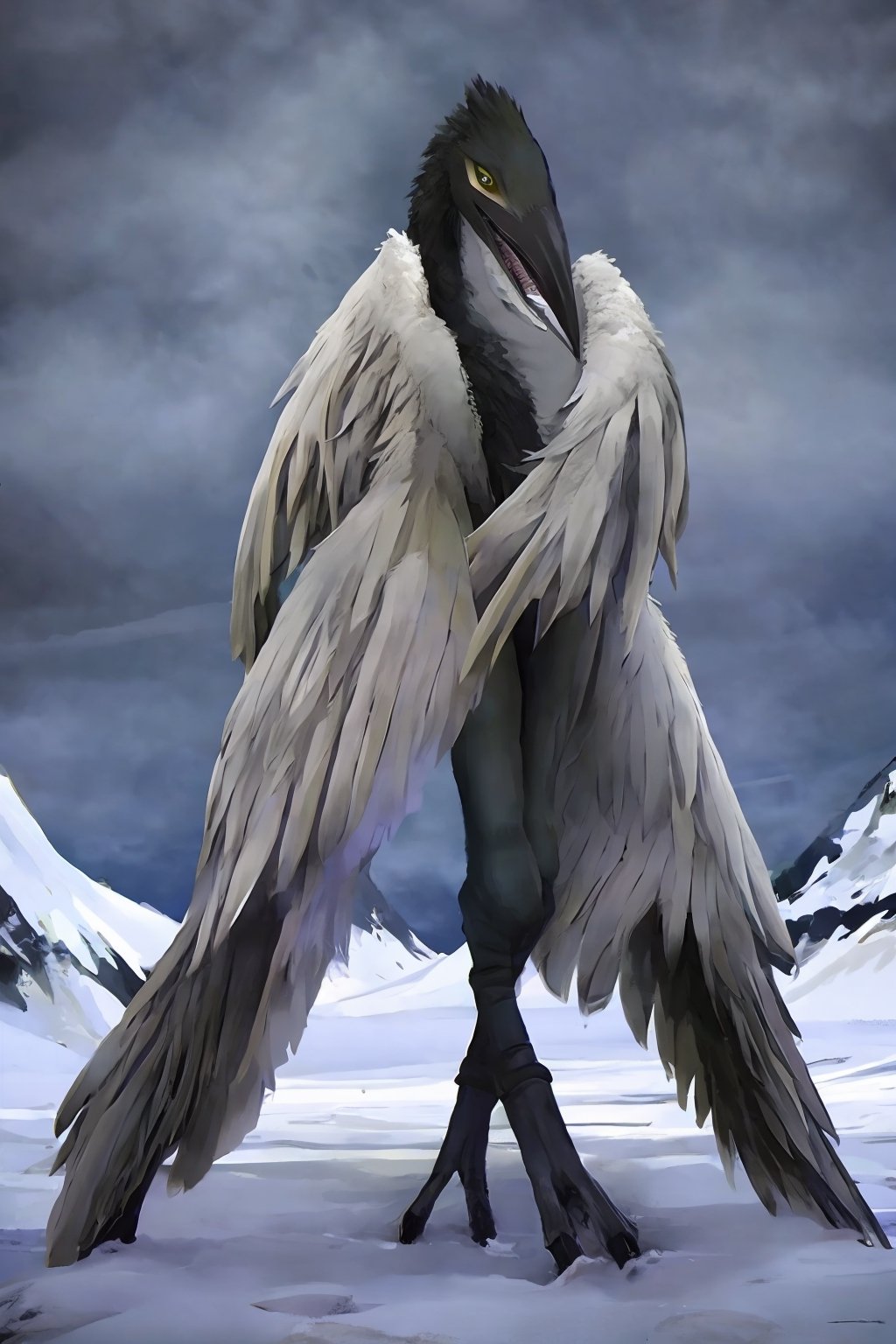 Opium bird, standing, feathers, white feathers, bird, birdman, humanoid, bird head, with extremely long beak, long beak, long mouth, full body, bird legs, bird arms, sinister, terrifying, beautiful , ragged, wide body, fat

High quality, HD, 4kHD, cinematic, atmospheric, realistic, ultra-realistic
snow, mountain, cloudy, gray sky, dark clouds
Detail,lora:largebulg1-000012:1,AIDA_NH_humans,Pixel art