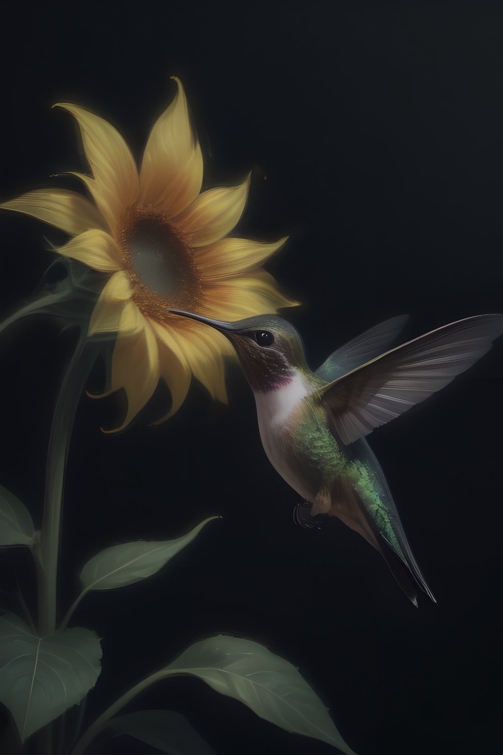 Create an elegant and captivating portrait of a wonderful hummingbird sniffing a sunflower. Use vibrant light and shadow to highlight complex details and jagged edges. Let the dark black and gold textured background accentuate the painting, combining modern styles with neon green and yellow paints, give a touch of pen painting, watercolor and oil techniques. Embrace negative space with captivating brushstrokes and stencil art, evoking beauty and allure.,Digital painting ,ColorART,pencil sketch,<lora:659095807385103906:1.0>