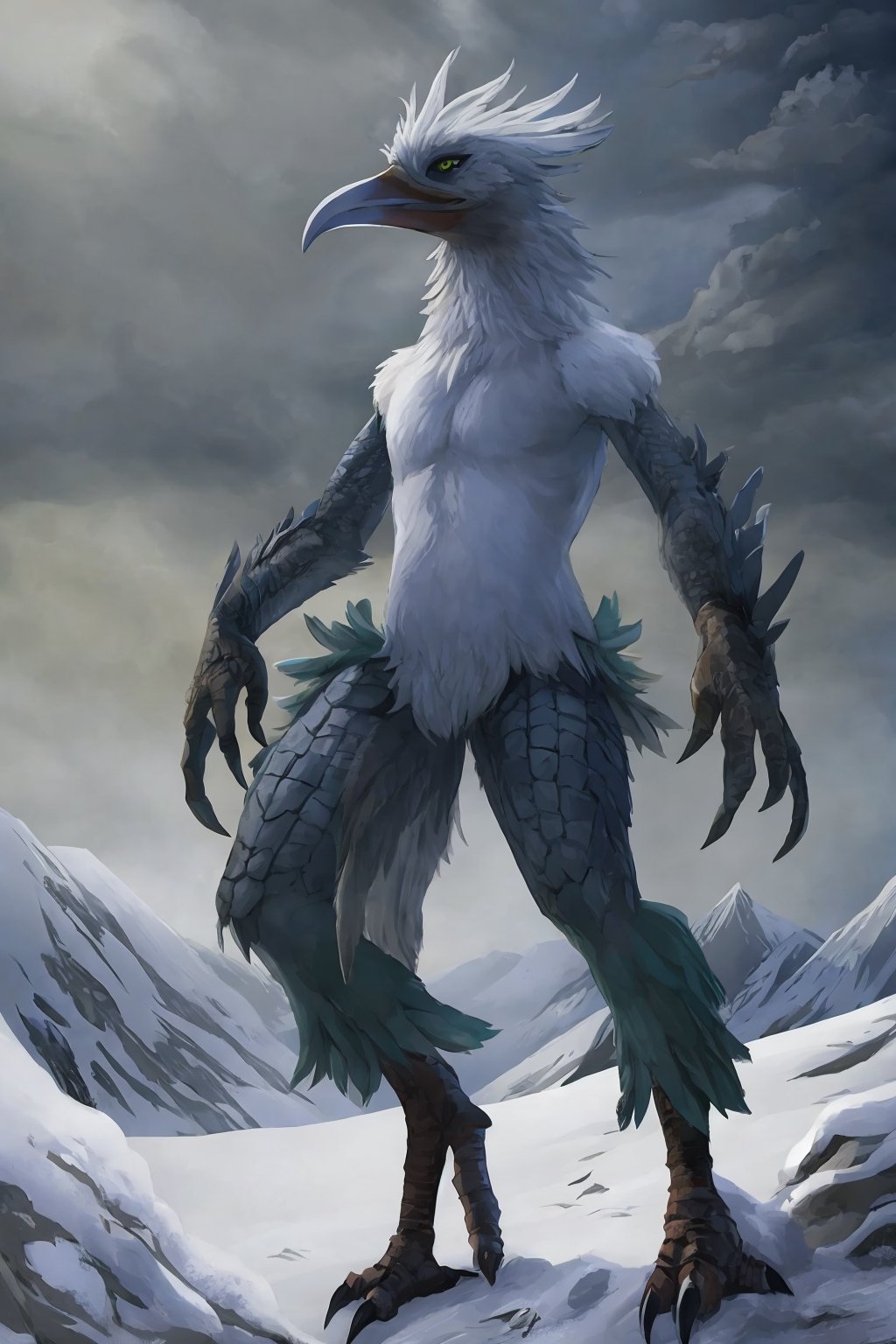 Opium bird, standing, feathers, white feathers, bird, birdman, humanoid, bird head, with extremely long beak, long beak, long mouth, full body, bird legs, bird arms, sinister, terrifying, beautiful , ragged, wide body, fat

High quality, HD, 4kHD, cinematic, atmospheric, realistic, ultra-realistic
snow, mountain, cloudy, gray sky, dark clouds
Detail,lora:largebulg1-000012:1,AIDA_NH_humans,Pixel art,lora:largebulg1-000012:1,lora:largebulg1-000012:1