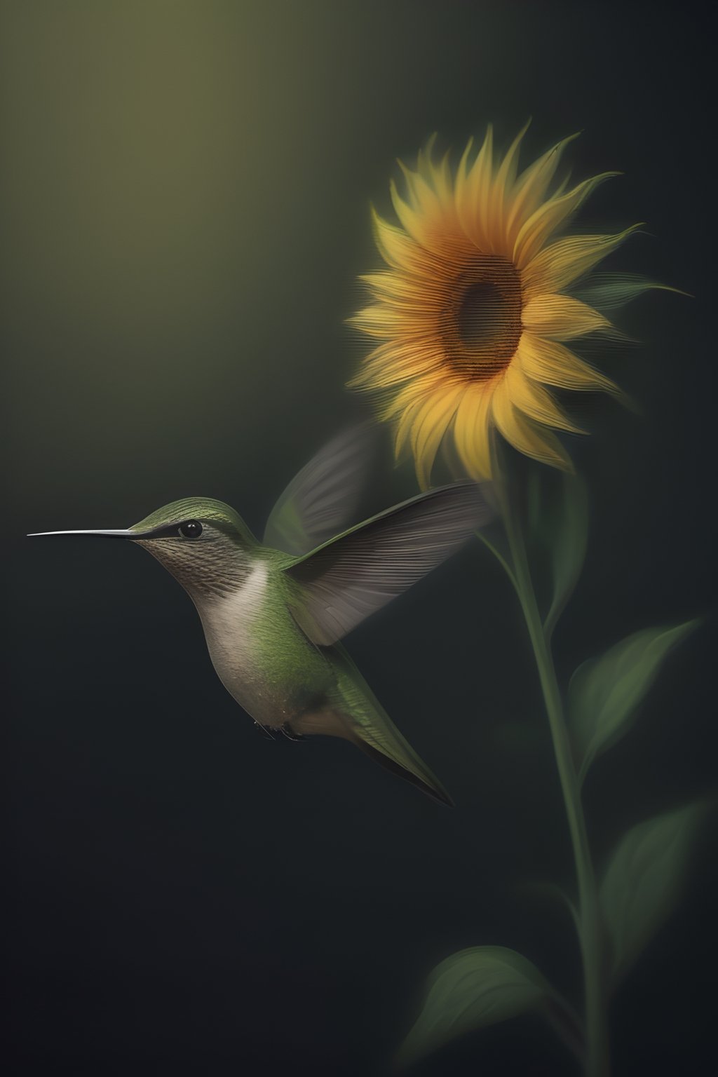 Create an elegant and captivating portrait of a wonderful hummingbird sniffing a sunflower. Use vibrant light and shadow to highlight complex details and jagged edges. Let the dark black and gold textured background accentuate the painting, combining modern styles with neon green and yellow paints, give a touch of pen painting, watercolor and oil techniques. Embrace negative space with captivating brushstrokes and stencil art, evoking beauty and allure.,Digital painting ,ColorART,pencil sketch,<lora:659095807385103906:1.0>