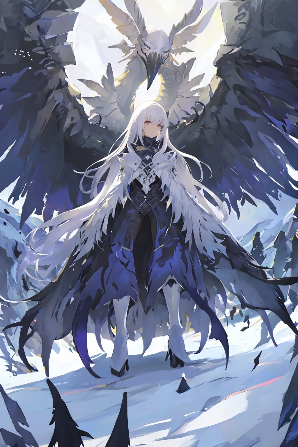 Opium bird, standing, feathers, white feathers, bird, birdman, humanoid, bird head, with extremely long beak, long beak, long mouth, full body, bird legs, bird arms, sinister, terrifying, beautiful , ragged, wide body, fat

High quality, HD, 4kHD, cinematic, atmospheric, realistic, ultra-realistic
snow, mountain, cloudy, gray sky, dark clouds
Detail,lora:largebulg1-000012:1,AIDA_NH_humans