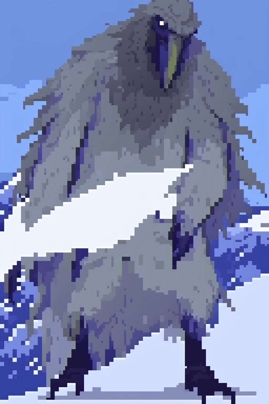 Opium bird, standing, feathers, white feathers, bird, birdman, humanoid, bird head, with extremely long beak, long beak, long mouth, full body, bird legs, bird arms, sinister, terrifying, beautiful , ragged, wide body, fat

High quality, HD, 4kHD, cinematic, atmospheric, realistic, ultra-realistic
snow, mountain, cloudy, gray sky, dark clouds
Detail,lora:largebulg1-000012:1,AIDA_NH_humans,Pixel art