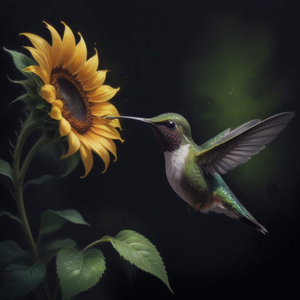 Create an elegant and captivating portrait of a wonderful hummingbird sniffing a sunflower. Use vibrant light and shadow to highlight complex details and jagged edges. Let the dark black and gold textured background accentuate the painting, combining modern styles with neon green and yellow paints, give a touch of pen painting, watercolor and oil techniques. Embrace negative space with captivating brushstrokes and stencil art, evoking beauty and allure.,Digital painting ,<lora:659095807385103906:1.0>