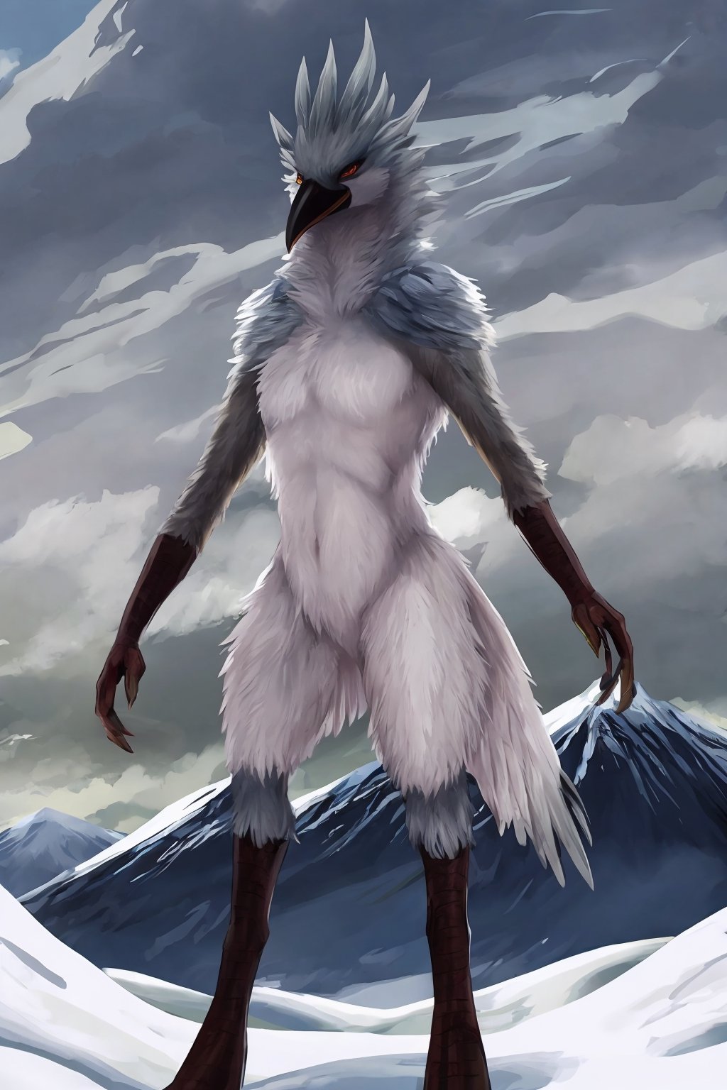 Opium bird, standing, feathers, white feathers, bird, birdman, humanoid, bird head, with extremely long beak, long beak, long mouth, full body, bird legs, bird arms, sinister, terrifying, beautiful , ragged, wide body, fat

High quality, HD, 4kHD, cinematic, atmospheric, realistic, ultra-realistic
snow, mountain, cloudy, gray sky, dark clouds
Detail,lora:largebulg1-000012:1,AIDA_NH_humans,Pixel art,lora:largebulg1-000012:1,lora:largebulg1-000012:1