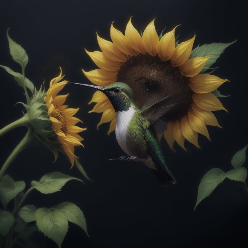 Create an elegant and captivating portrait of a wonderful hummingbird sniffing a sunflower. Use vibrant light and shadow to highlight complex details and jagged edges. Let the dark black and gold textured background accentuate the painting, combining modern styles with neon green and yellow paints, give a touch of pen painting, watercolor and oil techniques. Embrace negative space with captivating brushstrokes and stencil art, evoking beauty and allure.,Digital painting ,<lora:659095807385103906:1.0>