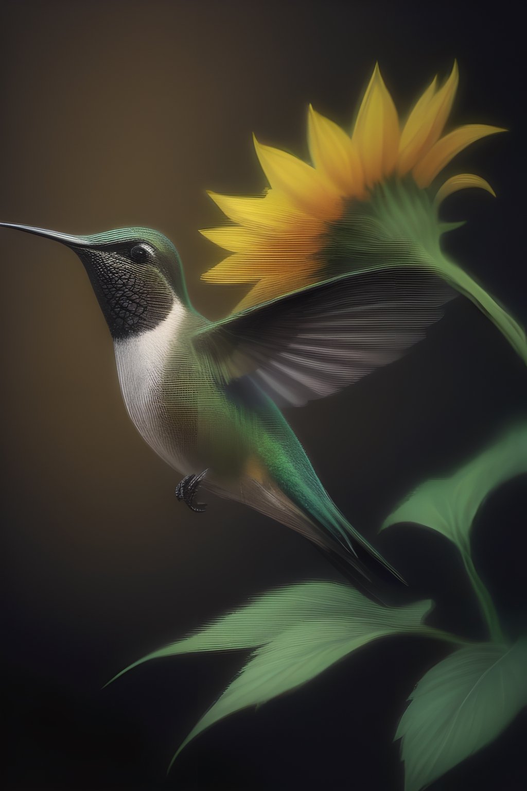 Create an elegant and captivating portrait of a wonderful hummingbird sniffing a sunflower. Use vibrant light and shadow to highlight complex details and jagged edges. Let the dark black and gold textured background accentuate the painting, combining modern styles with neon green and yellow paints, give a touch of pen painting, watercolor and oil techniques. Embrace negative space with captivating brushstrokes and stencil art, evoking beauty and allure.,Digital painting ,ColorART,pencil sketch,<lora:659095807385103906:1.0>