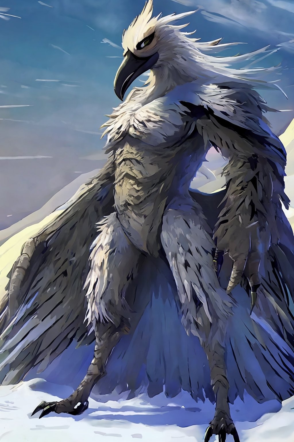 Opium bird, standing, feathers, white feathers, bird, birdman, humanoid, bird head, with extremely long beak, long beak, long mouth, full body, bird legs, bird arms, sinister, terrifying, beautiful , ragged, wide body, fat

High quality, HD, 4kHD, cinematic, atmospheric, realistic, ultra-realistic
snow, mountain, cloudy, gray sky, dark clouds
Detail,lora:largebulg1-000012:1,AIDA_NH_humans,Pixel art