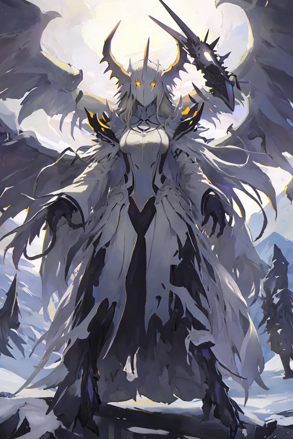 Opium bird, standing, feathers, white feathers, bird, birdman, humanoid, bird head, with extremely long beak, long beak, long mouth, full body, bird legs, bird arms, sinister, terrifying, beautiful , ragged, wide body, fat

High quality, HD, 4kHD, cinematic, atmospheric, realistic, ultra-realistic
snow, mountain, cloudy, gray sky, dark clouds
Detail,lora:largebulg1-000012:1,AIDA_NH_humans