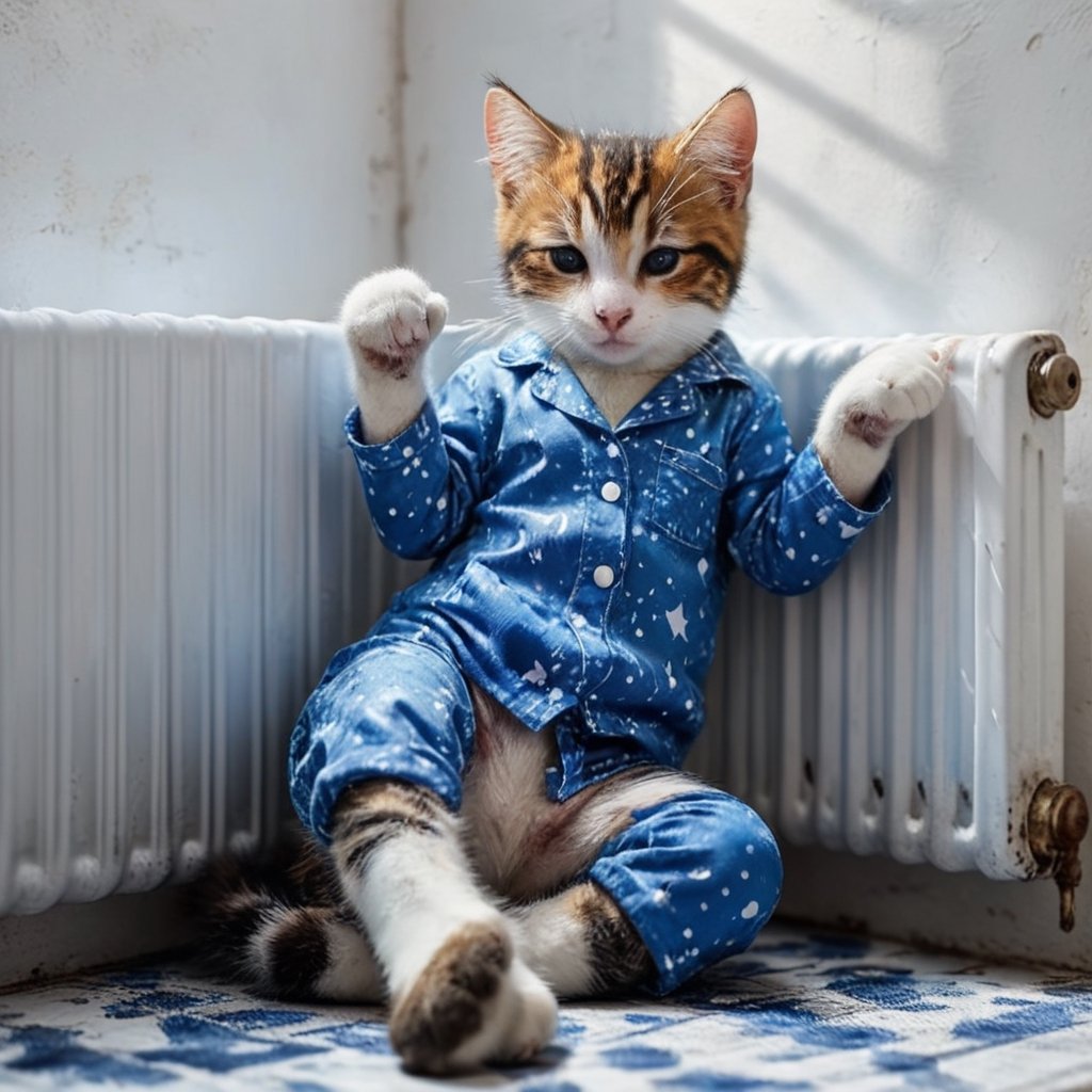 Full body cute kitten, wearing blue pajamas, lying on the radiator, eyes squinted, in abstract beauty, top view shot, side shot, almost perfect, dynamic, moonlight, high details, digital painting, art station, concept art, Smooth, sharp focus, 8K, HD resolution, illustration, Carne Griffiths and Wadim Kashin art, white background