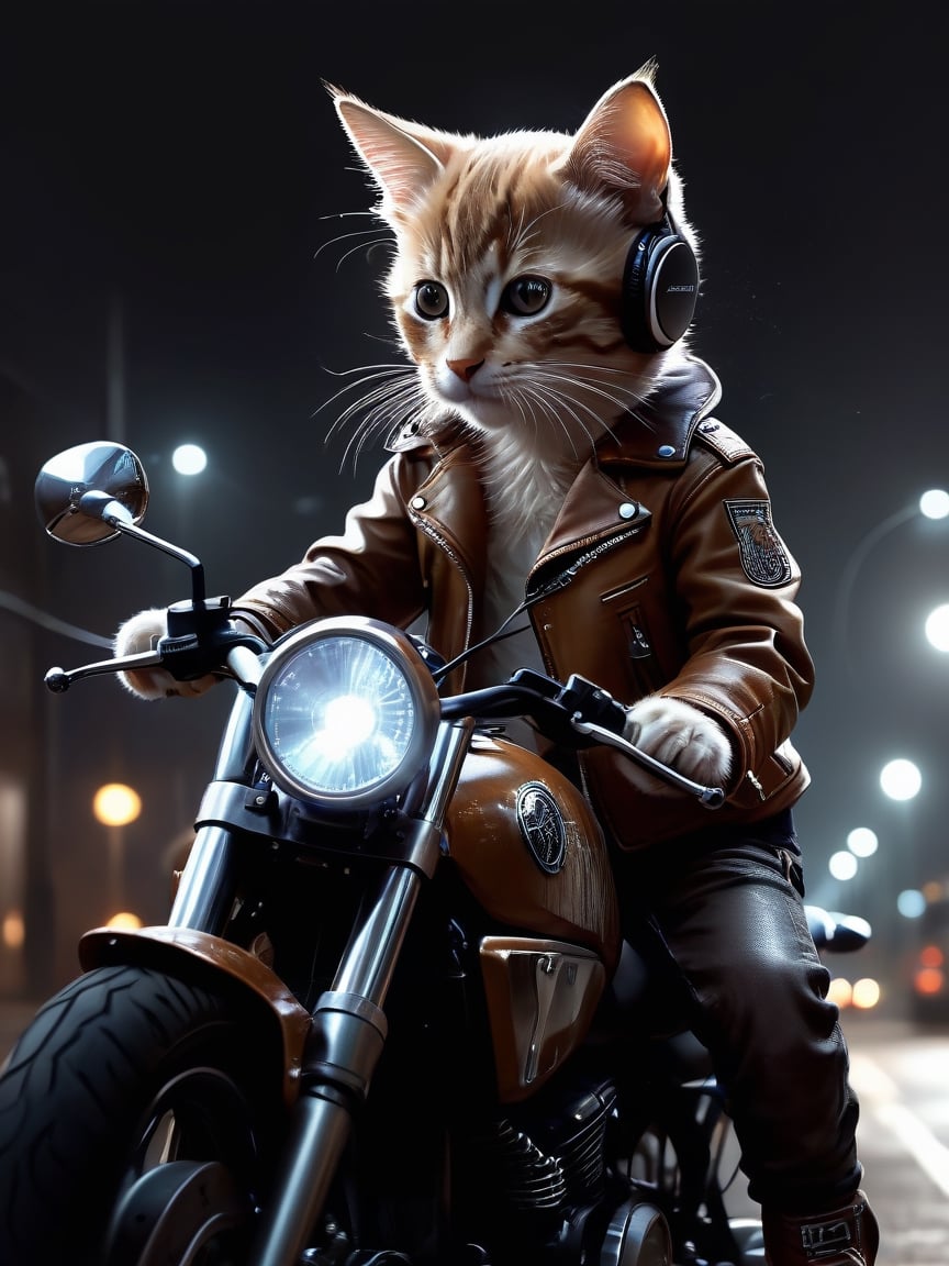 Perfectly centered, full body cute kitten, wearing brown leather jacket and headphones, riding black motorcycle on the road, abstract beauty, facing camera, side shot, near perfect, dynamic, moonlight, high details, digital painting, art stand, concept art, smooth, sharp focus, 8K, HD resolution, illustration, art by Carne Griffiths and Wadim Kashin, white background