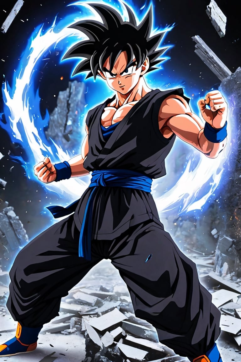 ((masterpiece, best quality)),(complex light),absurdres, highres, 1boy,solo,fighting stance, goku black,black hair,black eyes,blue fire destroyed debris background,smirk