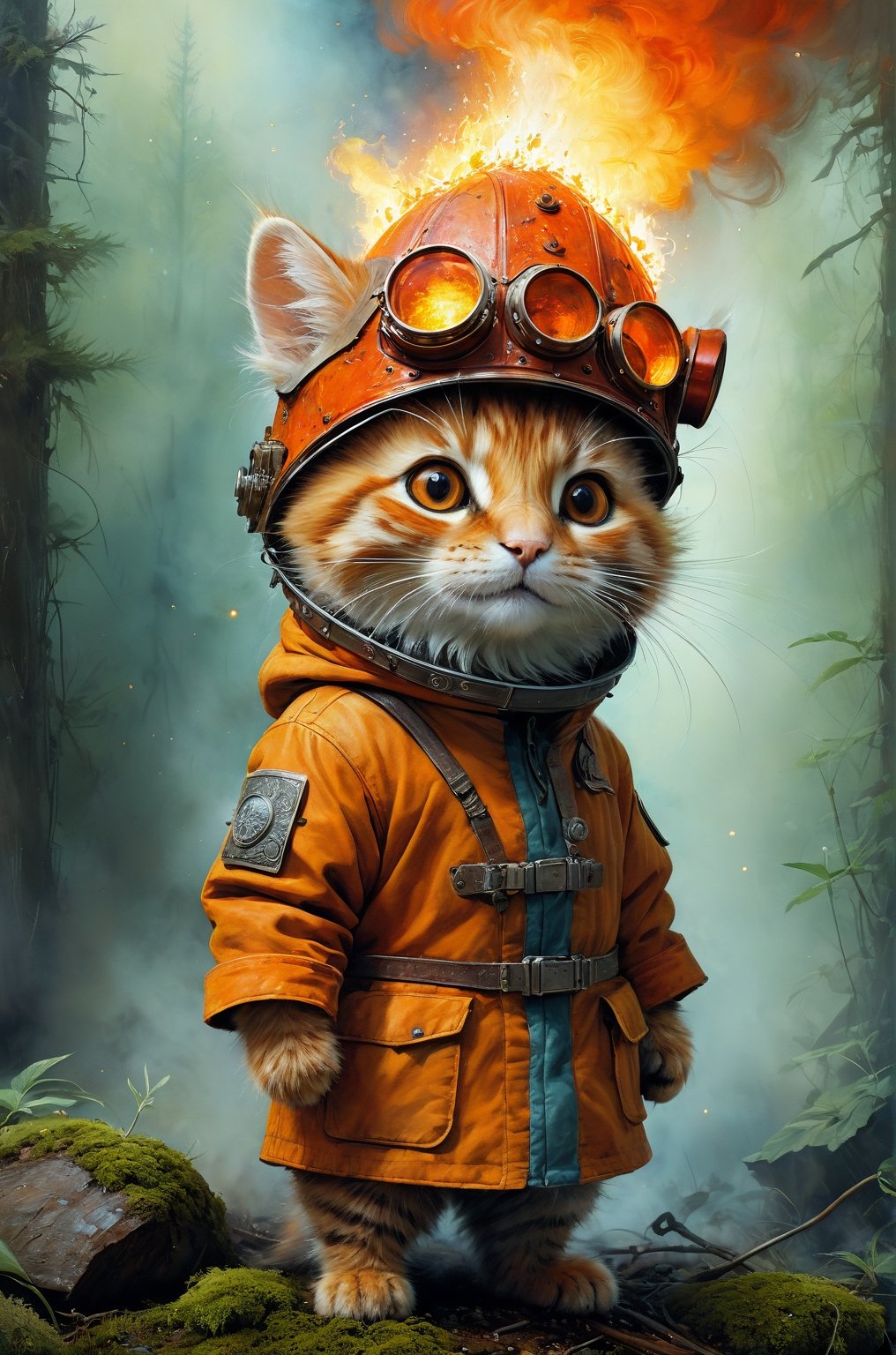 Art by Mandy Disher, Digital Art 8k, Jean-Baptiste Monge Style, Art by Cameron Gray, Sacred Land, Mystical Animal Creatures, Anthropomorphic Orange Cat in Fire Suit and Fire Hat, Happy, Masterpiece, Best Quality, High quality, moss, complex background, complementary colors, extremely detailed, volumetric clouds, stardust, 8k resolution, watercolor, Razumov style. Artwork by Razumov and Volegov, Artwork by Carne Griffiths and Wadim Kashin rutkowski repin artstation surreal painting, 4k resolution blade runner, sharp focus, led, smoke, artillery, sparks, rack, system unit, artstation ultra Realism painting detailed character concept art design matte painting