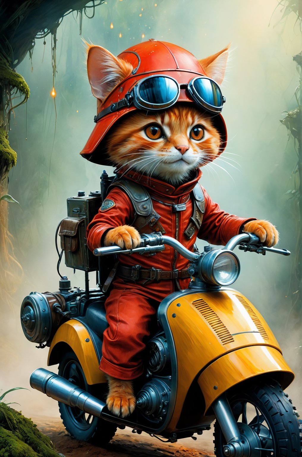 Art by Mandy Disher, digital art 8k, Jean-Baptiste Monge style, art by Cameron Gray, sacred land, mysterious animal creature, anthropomorphic orange cat wearing red armor, sunglasses, peaked cap, riding a conceptual sci-fi motorcycle, masterpiece , best quality, high quality, moss, complex background, complementary colors, extremely detailed, volumetric clouds, stardust, 8k resolution, watercolor, Razumov style. Artwork by Razumov and Volegov, Artwork by Carne Griffiths and Wadim Kashin rutkowski repin artstation surrealist painting, 4k resolution blade runner, sharp focus, light emitting diodes, smoke, artillery, sparks, rack, system unit, artstation Surrealistic painting detailed figure concept art design matte painting