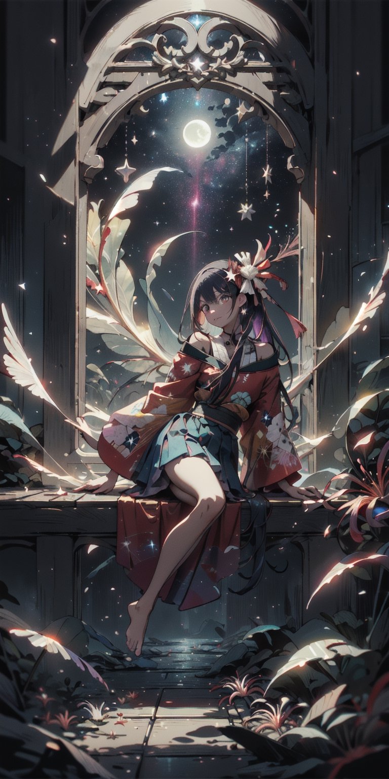 Gorgeous fantasy masterpiece in dark color tone, a very big grand intricately japanese torii,  ((glowy structure)), ((ethereal glow of magic spells)) shiny metal pieces, holographic glow, light particles, an anime style slim girl dressing flimsy kimono in short kimono skirt, the pattern of kimono is about (dark, galaxy, stars, colorful, spider lily), off-shoulder, elegant waist length hair with spider lily head decoration, sitting on a wooden platform in front of the torri, rasing her arm and hoping to touch the sky, crossing bare leg, bare foot, sideways glance, leaning on one side, sexy pose highlighting female figure,  hyperdetailed skin, full body, 1 girl, defiant gaze shot on dslr camera, shot by MSchiffer, dark of night, sea, galaxy, aurora, clouds, moon, stars, meteor, colorful, spider lily at foreground, detailed,  32k resolution, best quality,fantasy00d,midjourney,High detailed ,EpicSky,cloud,sugar_rune,DonMF41ryW1ng5