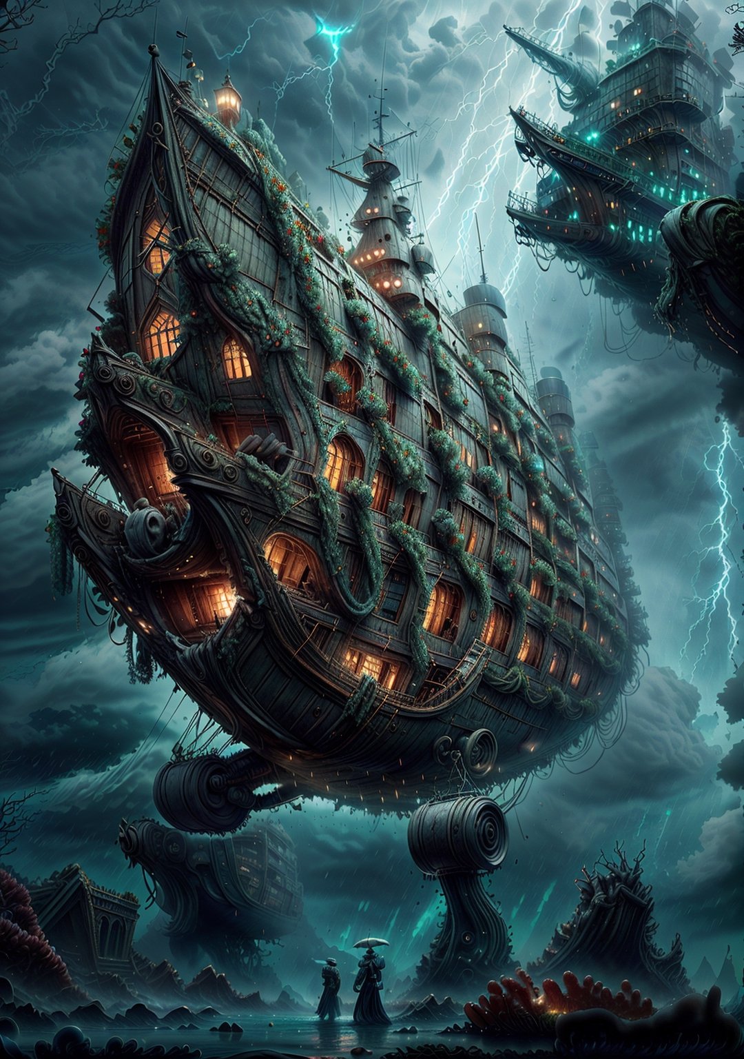 Great ocean crab on the wreckage of the ship, middle ages, fantasy, horror, storm rain, bloody, epic royal background, big royal uncropped crown, royal jewelry, robotic, nature, full shot, symmetrical, Greg Rutkowski, Charlie Bowater, Beeple, Unreal 5, hyperrealistic, dynamic lighting, fantasy art