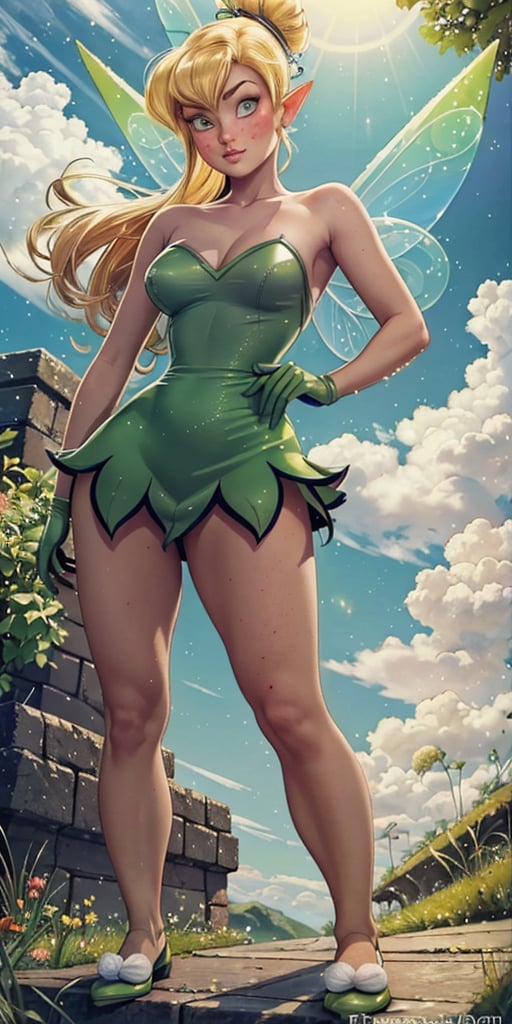 (masterpiece, best quality,high detailed), picture perfect face, blush,freckled,elf,fairy,fairy wings,
((Tinker bell)), Disney fairy , short Blonde hair , original green look, ( two wings fairy), short skirt
extra long legs
DonMF41ryW1ng5,colorful,glittery ginger, irish,celtic,perfect female body, Green eyes,green irish dress,sleeves,gloves,
Fantasy,(lucky four clover),rainbow, faerum, fay,TinkerWaifu,single hair bun,strapless green dress