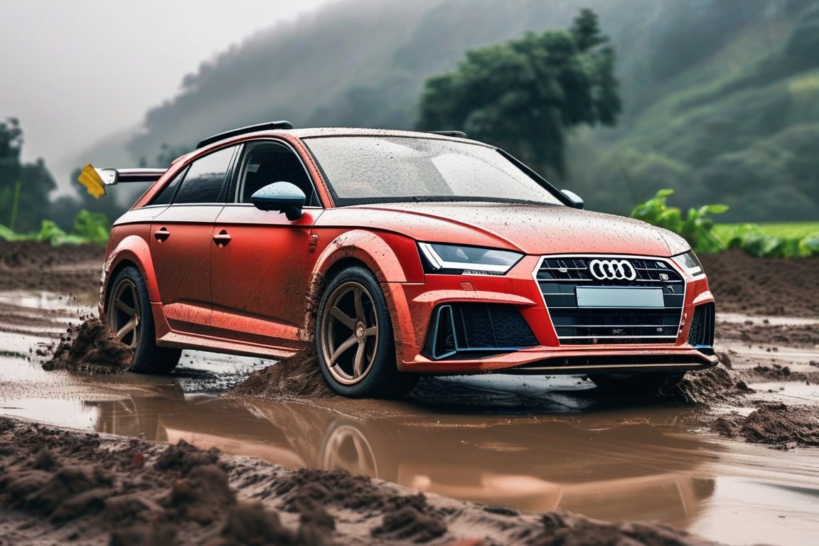 Rally car, hatchback, red body, (Audi), in the valley, dirt, mud, morning, rainy, (side view), (realistic, photo, photorealistic)