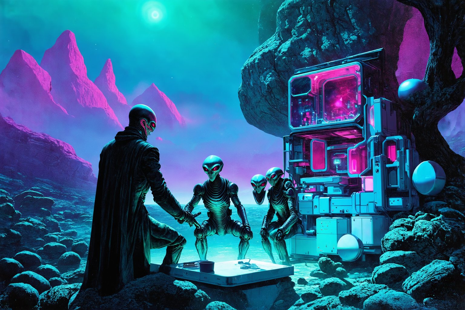 Highly detailed illustration in the style of 30s sci-fi style by Tim White,  Peter Elson,  John Berkey by TomatoSoupLabora...