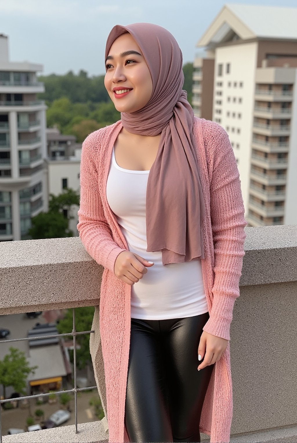 indonesian busty mom, Discover the stunning combination of strength and femininity as a hijab-wearing javanese woman shows off her perfect curves and fashionable sexy tight tanktop and shinny leggings enjoy standing at the terrace ,full body, laugh, open cardigan