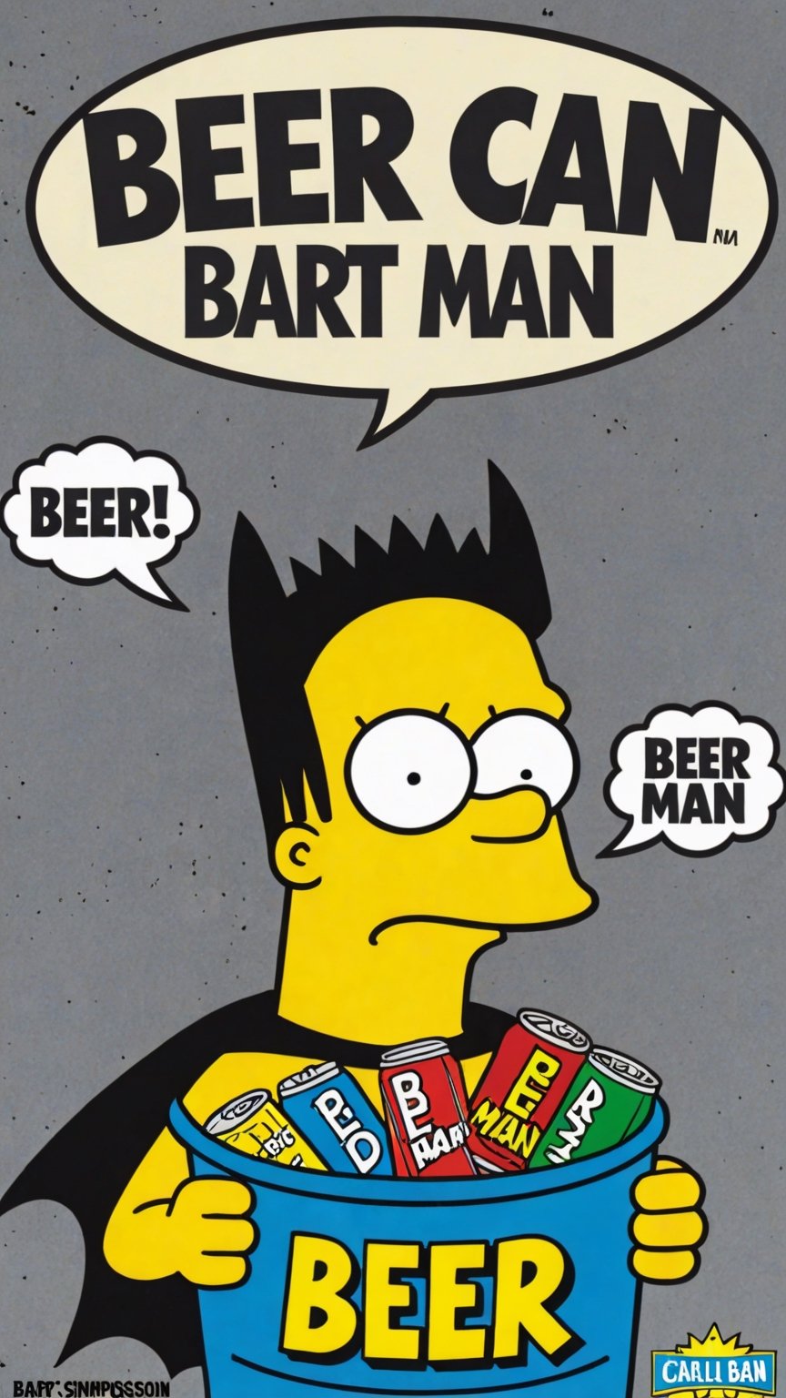 Photo of Bart Simpson as batman in garbage can with text bubble that says "Beer can Bart man"