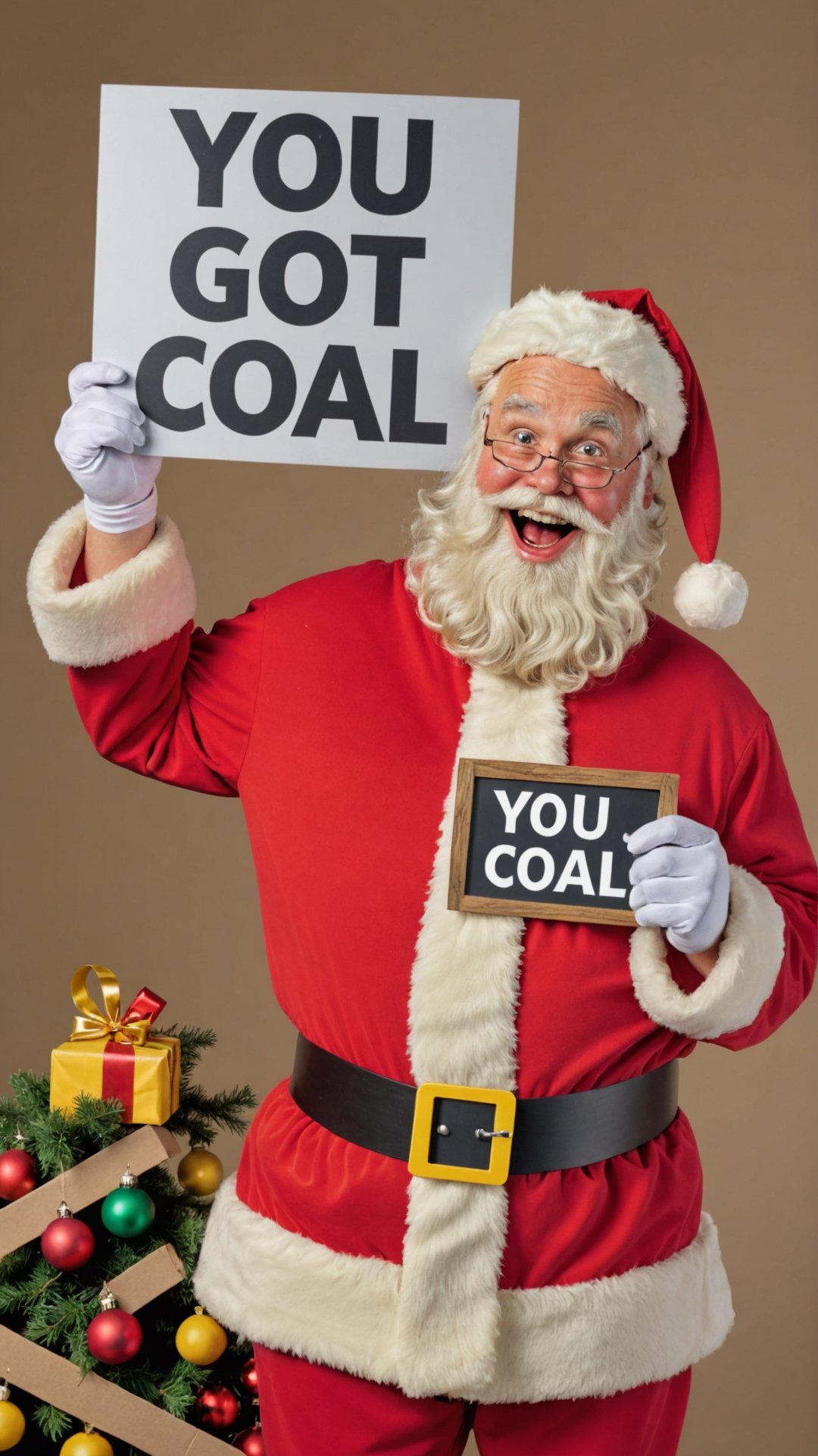 Photo of santa with a sign that says "you got coal" by Skratch4merz on Tensor.Art