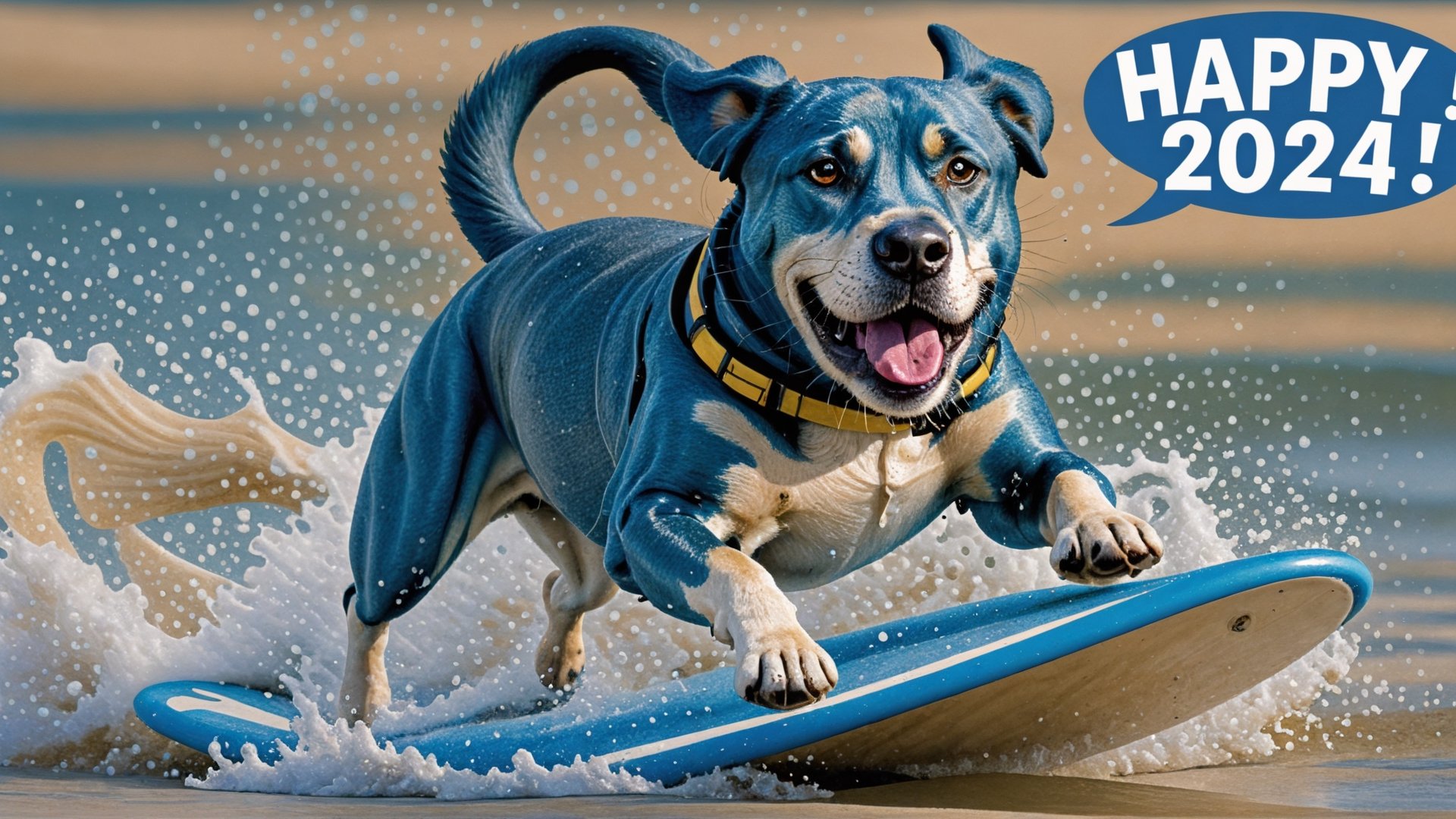 Photo of Blue Labrador surfing with text bubble that says "happy 2024!",IN MATRIX,realistic,ACTION