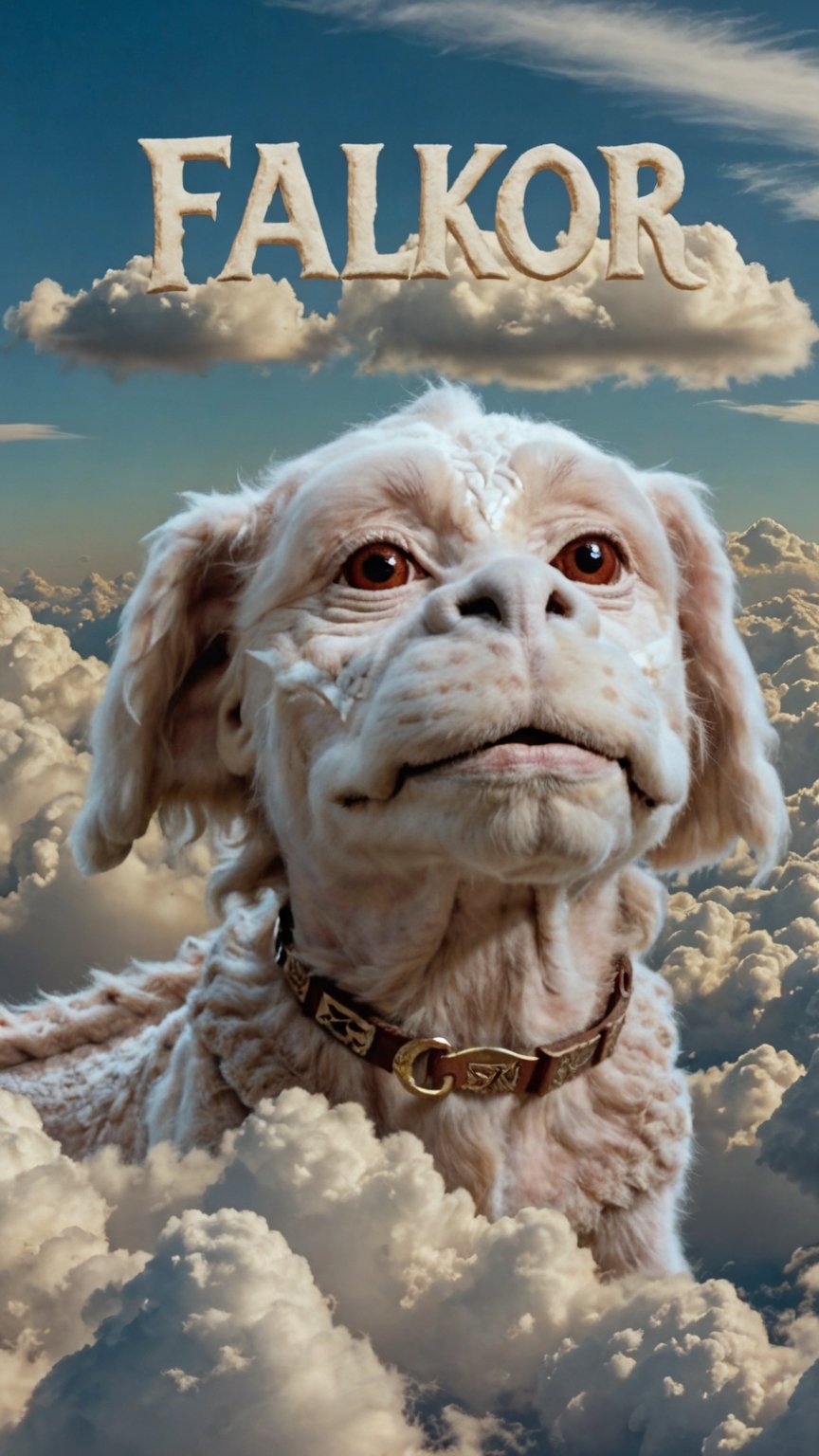 Photo of falkor in clouds with text that says "Falkor" 