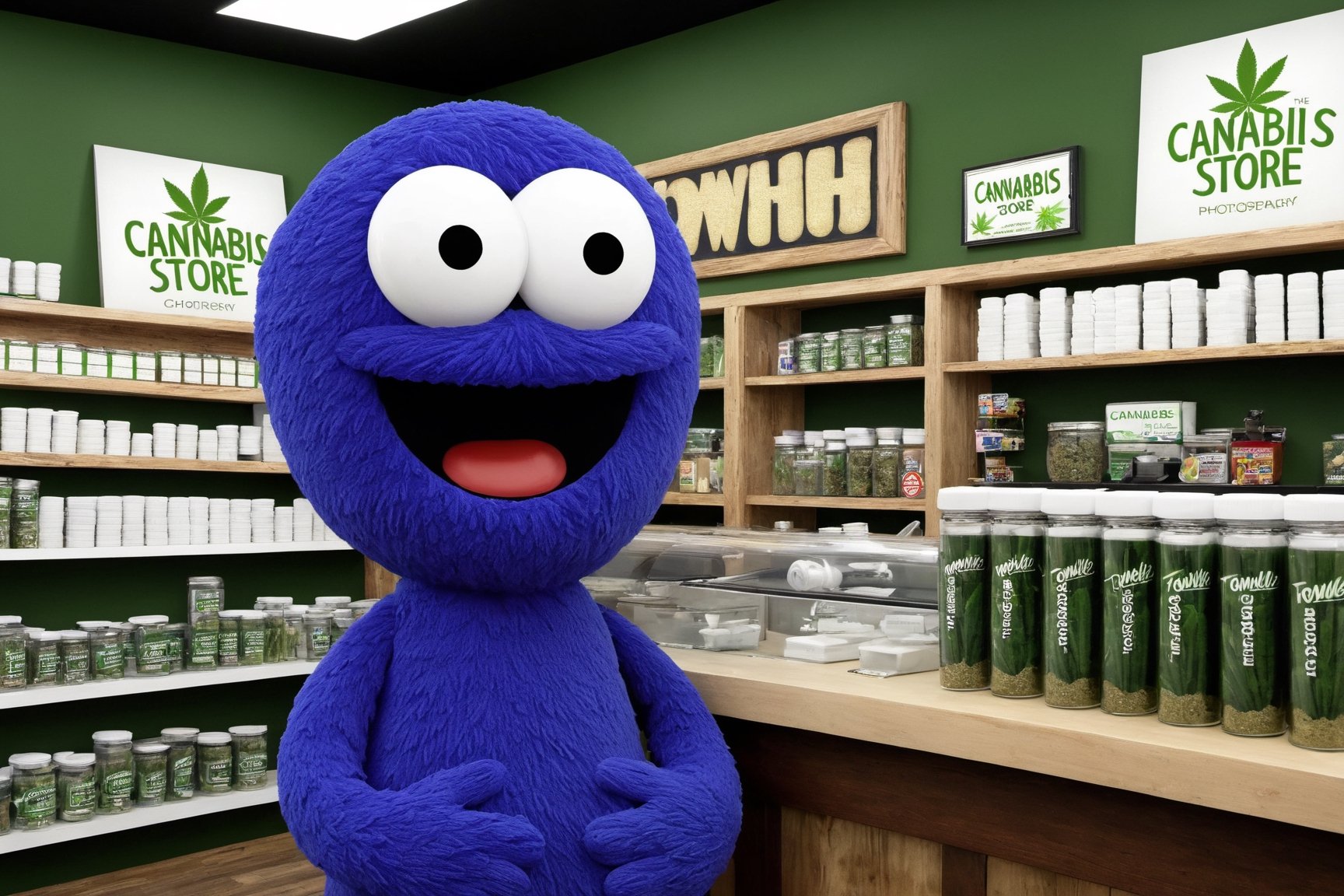 photo of towelie at the cannabis store dispensory,  photorealistic marijuana