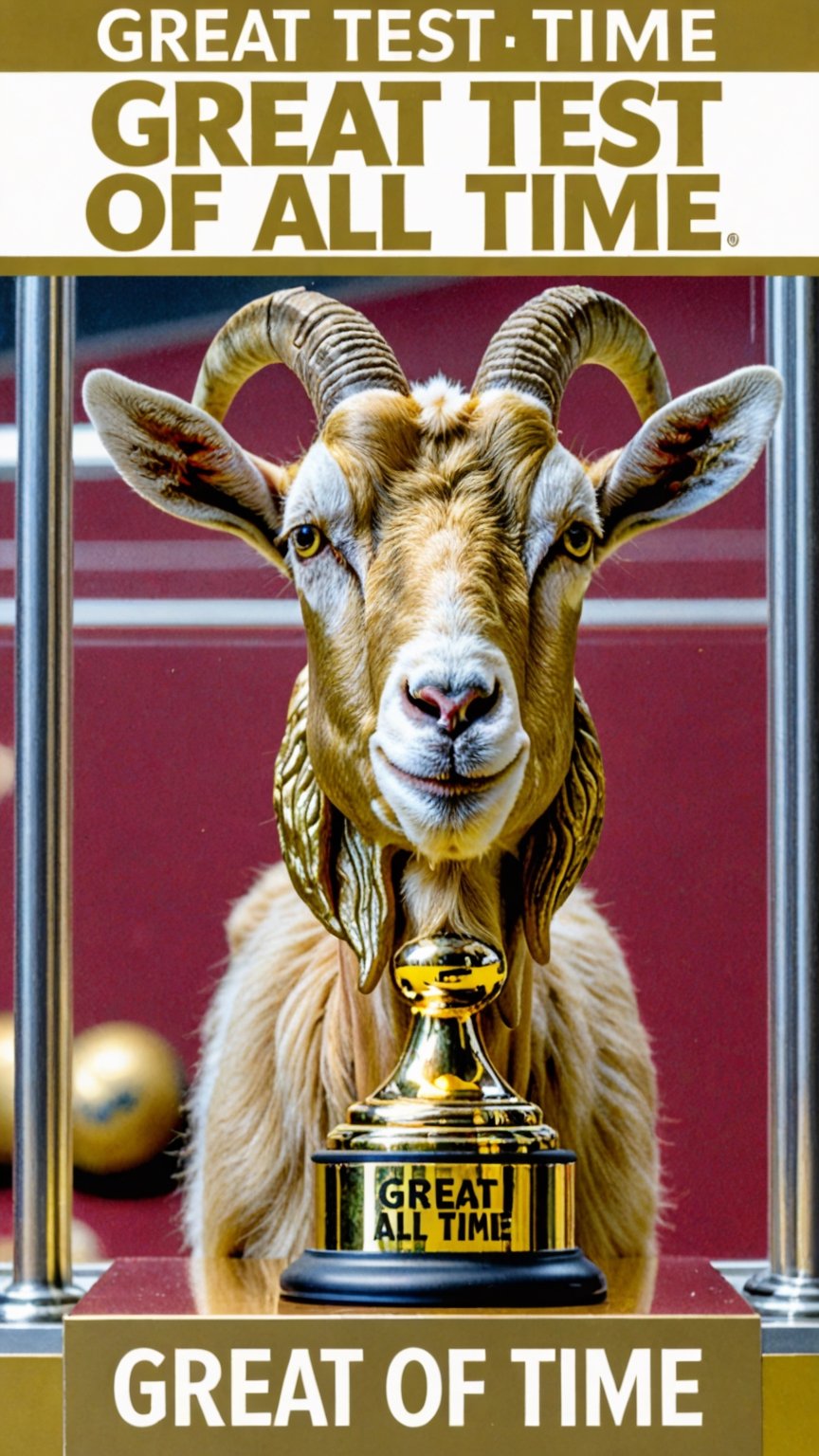 Photo of gold goat in trophy case with text bubble that says "great test of all time"