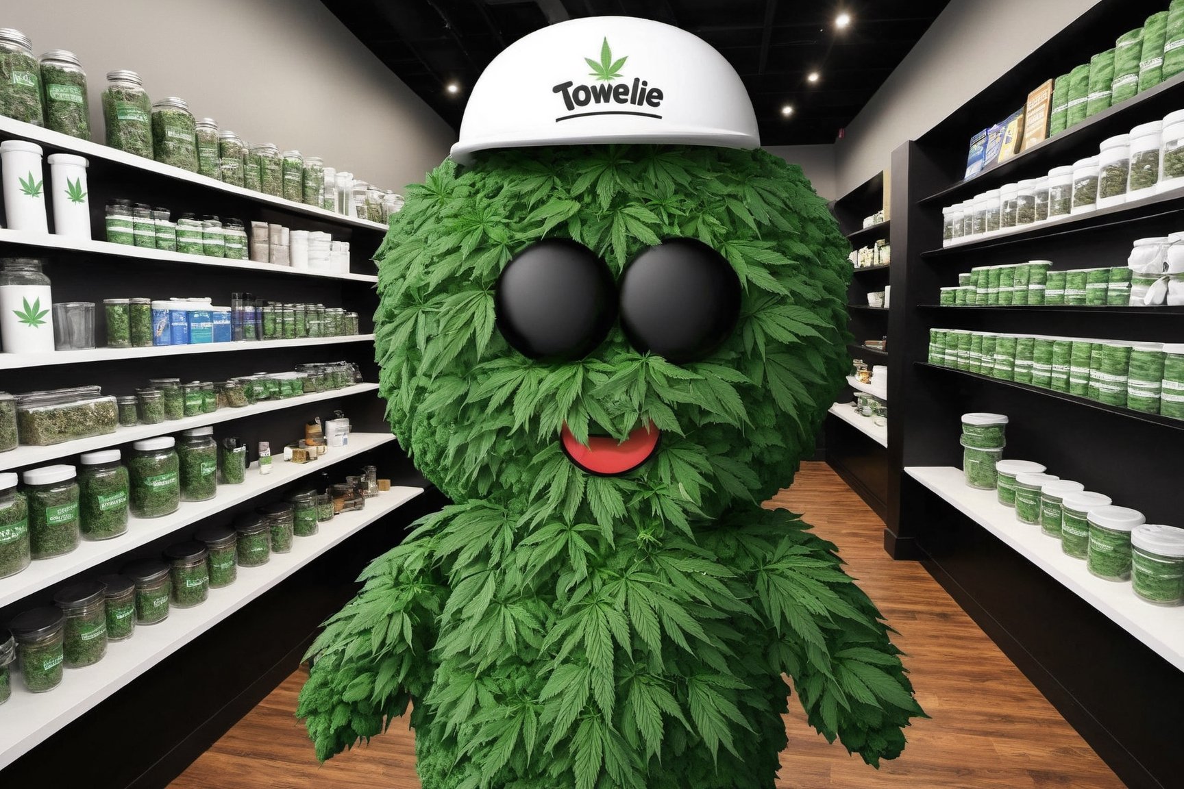 photo of towelie at the cannabis store dispensory,  photorealistic marijuana