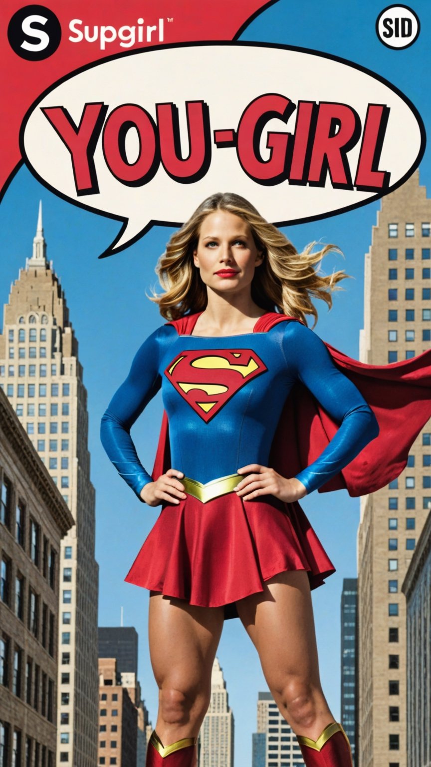 Photo of Supergirl in city with text bubble that says "you go girl"