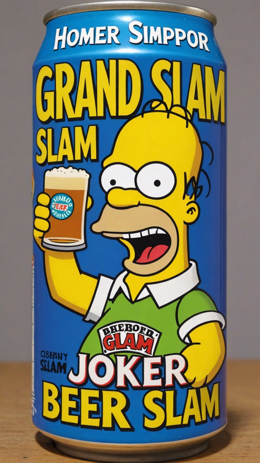 photo of Homer Simpson as Joker in beer can with text that says "grand slam"